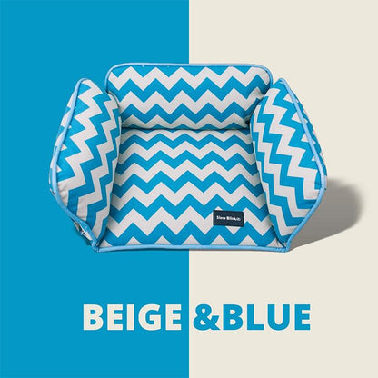 Memphis-Style Elevated Cat Hammock & Woven Wool Cat Cave in blue and beige chevron pattern.