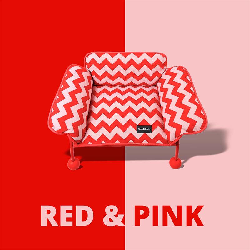 Memphis-Style Elevated Cat Hammock & Woven Wool Cat Cave in red and pink zigzag pattern.