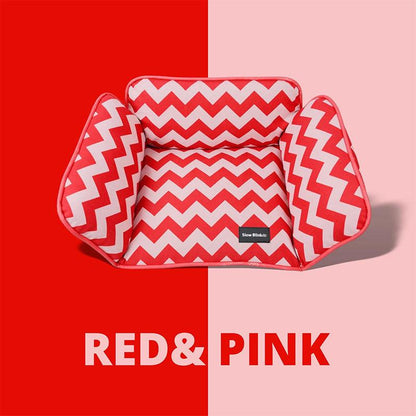 Memphis-Style Elevated Cat Hammock & Woven Wool Cat Cave in red and pink zigzag pattern.