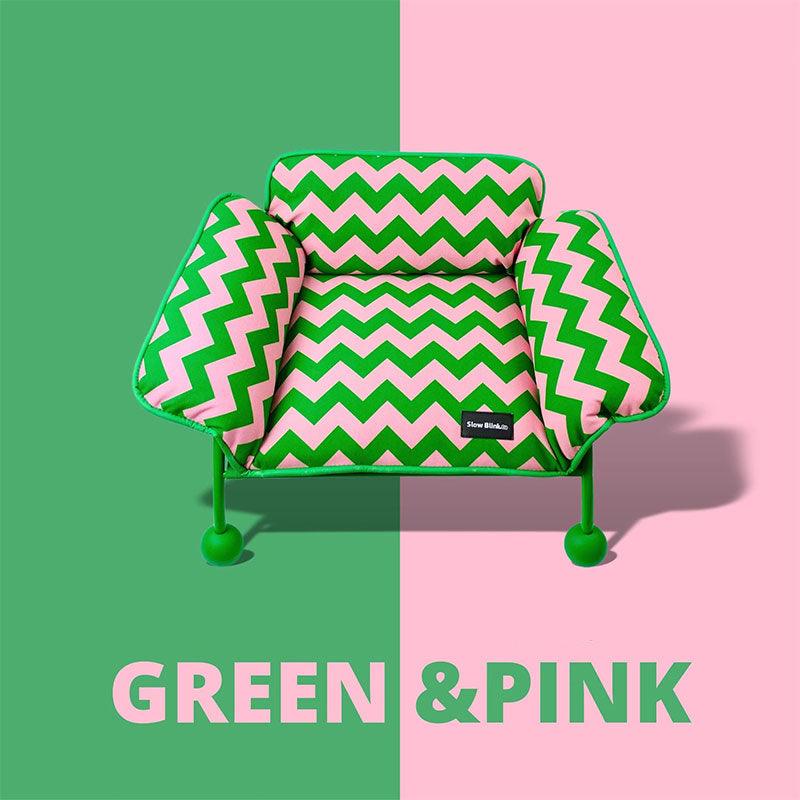Memphis-Style Elevated Cat Hammock & Woven Wool Cat Cave in vibrant green and pink chevron pattern.