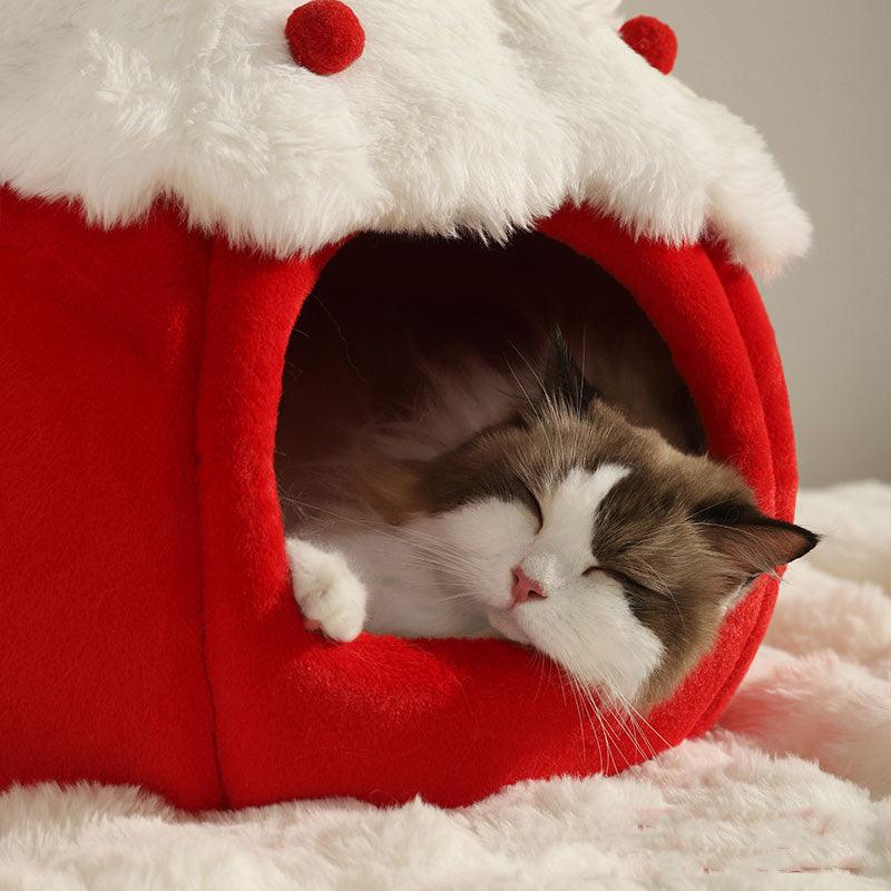 Snowball & Strawberry Cat Cave Bed — Soft & Cozy with a sleeping cat inside.