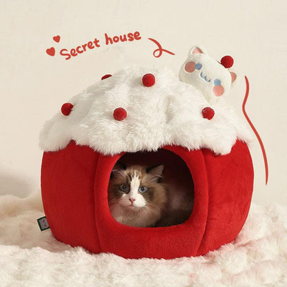 Snowball & Strawberry Cat Cave Bed — Soft & Cozy with a cat inside a cozy red cave resembling a strawberry.