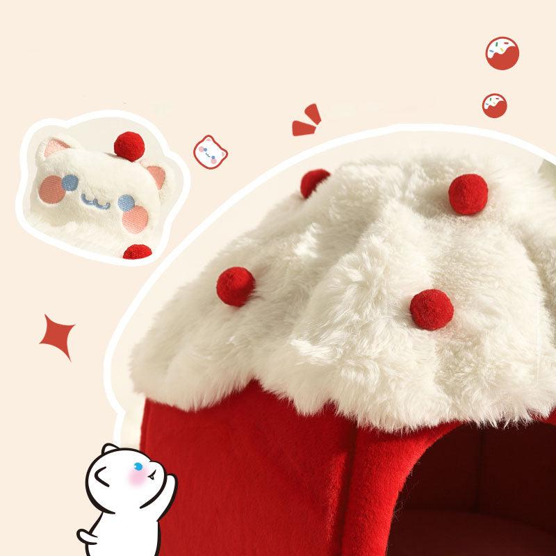 Snowball & Strawberry Cat Cave Bed — Soft & Cozy with fluffy topping and playful design.