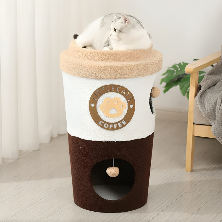 ☕ Coffee Cup Cat Tree Haven – Fun, Scratching & Lounging with a cat lounging on top.