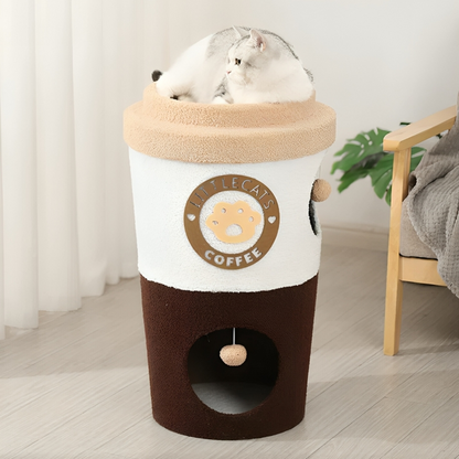 ☕ Coffee Cup Cat Tree Haven – Fun, Scratching & Lounging with a cat lounging on top.