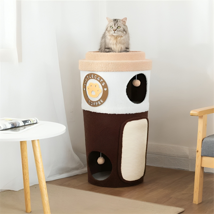 ☕ Coffee Cup Cat Tree Haven – Fun, Scratching & Lounging with a cat resting on top.