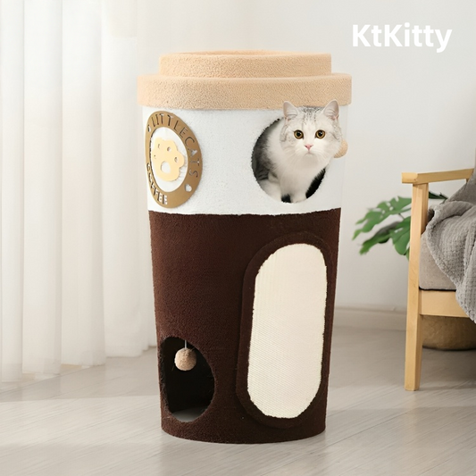 Top view of Coffee Cup Cat Tree Haven – Elevated platforms for climbing. 