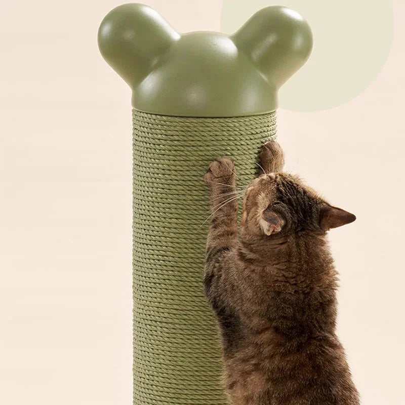 Single Vertical Cat Scratcher for Active Cats with green bear ears design and a cat scratching it.
