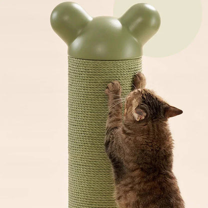 Single Vertical Cat Scratcher for Active Cats with green bear ears design and a cat scratching it.
