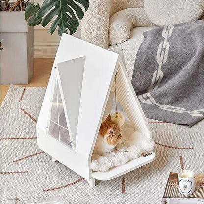 Cozy modern cat house, stylish cat home, Indoor Cat Tree for Climbing, Scratching, and Relaxing with furry friend inside.