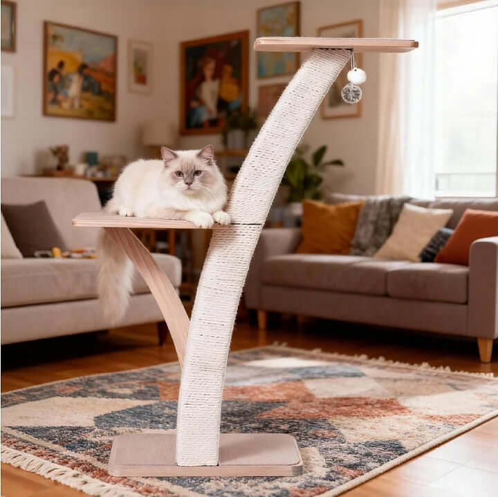Solid Wood Cat Tree featuring a stylish design with a cat lounging on it, perfect for modern home décor.