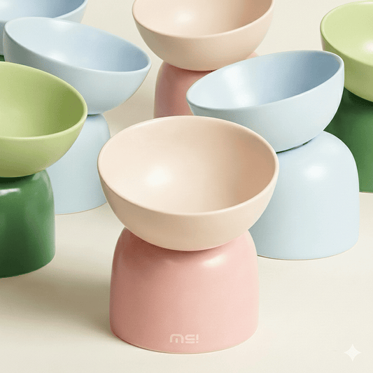 KtKitty Elevated Ceramic Cat Bowl with 15° tilt on a clean white table.  Ergonomic, neck-comfort feeding station for cats in a modern interior.