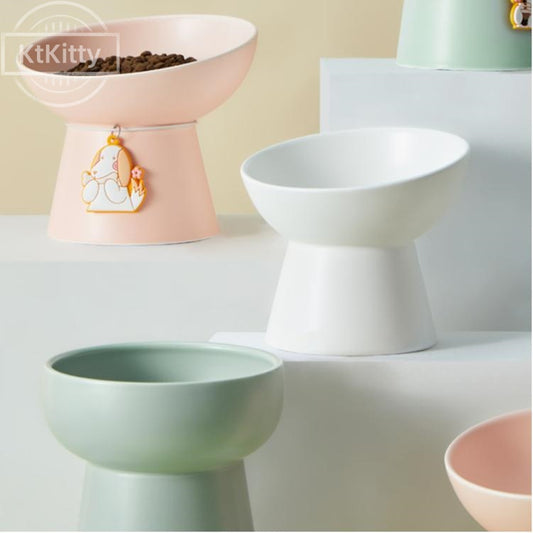 Elevated ceramic cat bowl in Morandi color, 15° tilt for neck protection