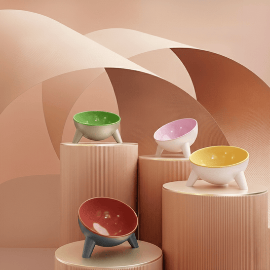 KtKitty Ergonomic Whisker-Friendly Cat Bowls in a colorful ceramic set. Features pink, yellow, blue, and red bowls arranged in a clean home setting. The shallow, wide design prevents whisker fatigue, providing a comfortable and stylish feeding station for cats.