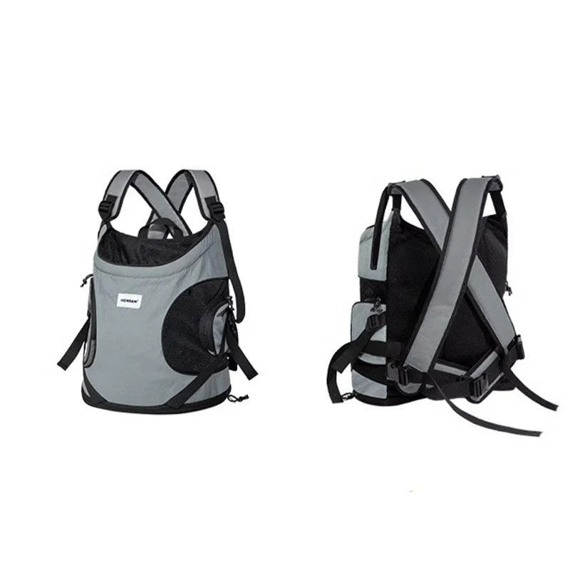 Luxury Cat Carrier Backpack – Breathable Front Pack for Travel & Daily Use in grey with adjustable straps and mesh pockets.