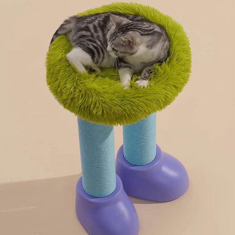 Cat Scratching Climbing Tree with Cozy Rest Platform featuring plush bed and colorful scratching posts.