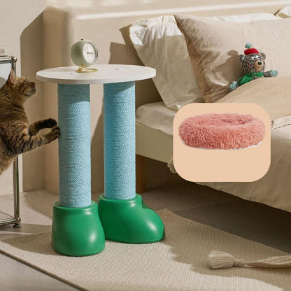 Cat Scratching Climbing Tree with Cozy Rest Platform next to a cozy pink pet bed and a bedside table in a bright room.