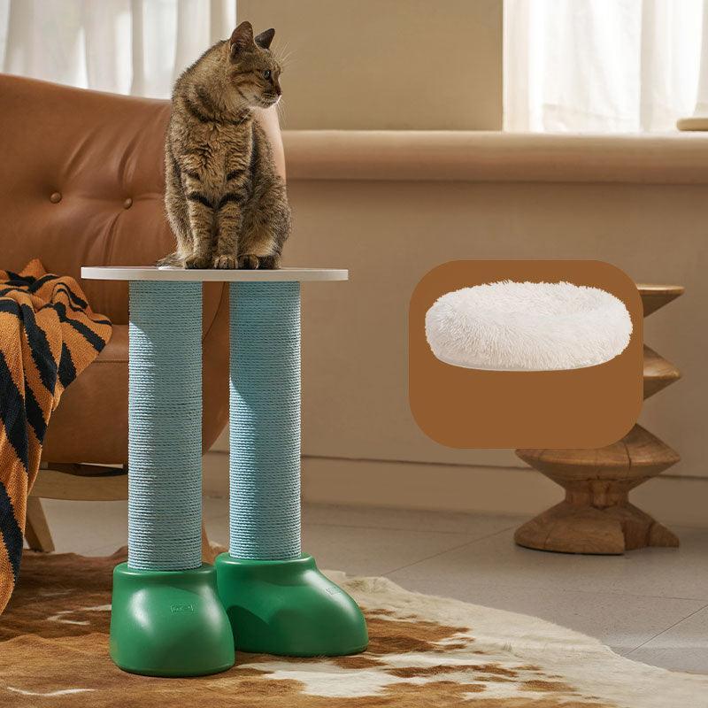 Cat Scratching Climbing Tree with Cozy Rest Platform featuring a cat on top and a plush bed.