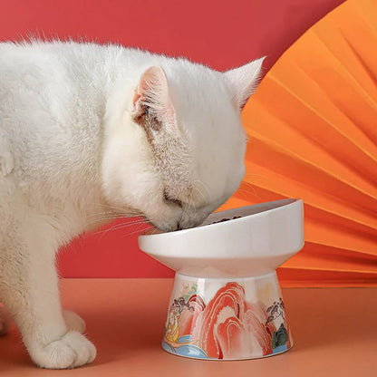 Elegant Oriental Design Ceramic Cat Bowl for Comfort -KtKitty