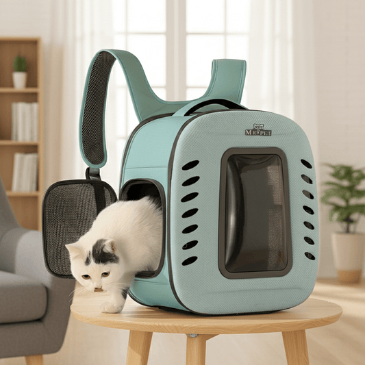 KtKitty Foldable Cat Carrier Backpack displayed in a realistic indoor home environment. This space-saving pet travel bag features a breathable mesh design and durable fabric, shown in a cozy living room setting to highlight its practical storage and stylish appearance for modern cat owners.