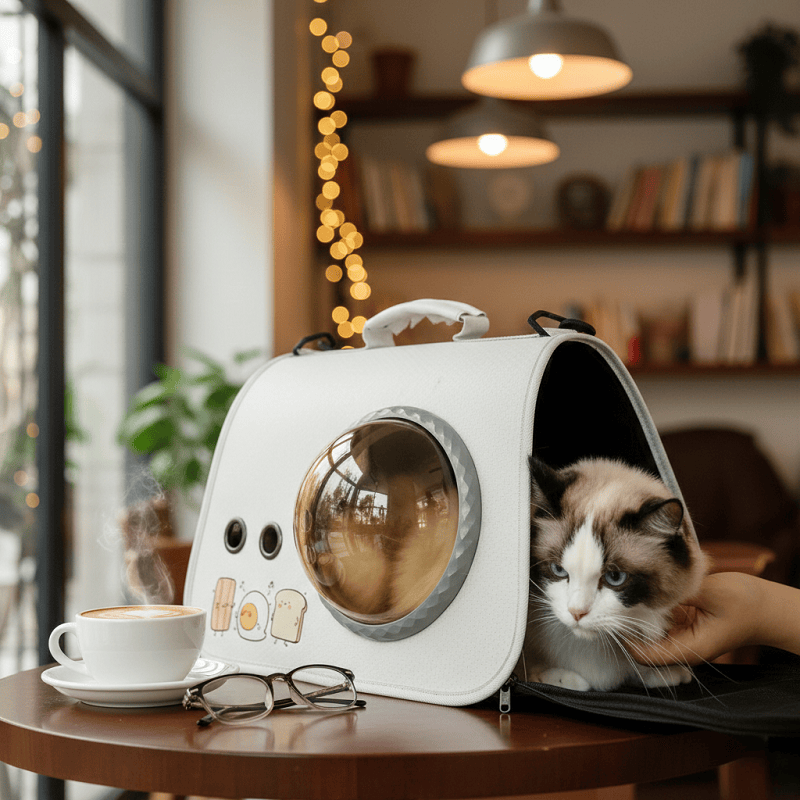 owner using luxury front-facing cat carrier backpacks while holding coffee, demonstrating the hands-free and breathable design for daily outdoor travel.