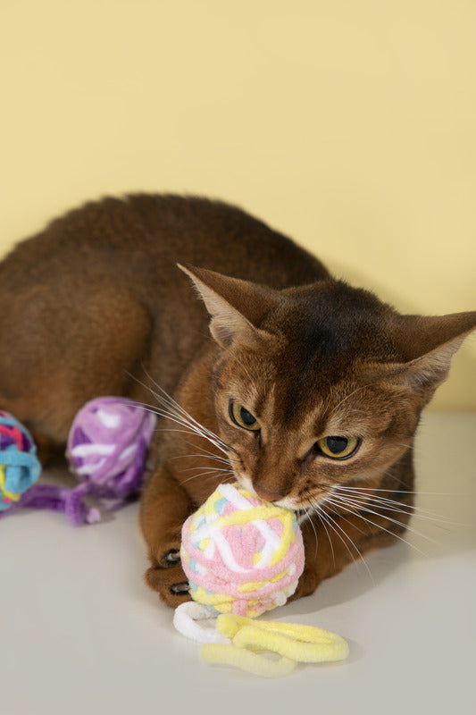 Yarn ball cat toy with bell, perfect for interactive play and development.
