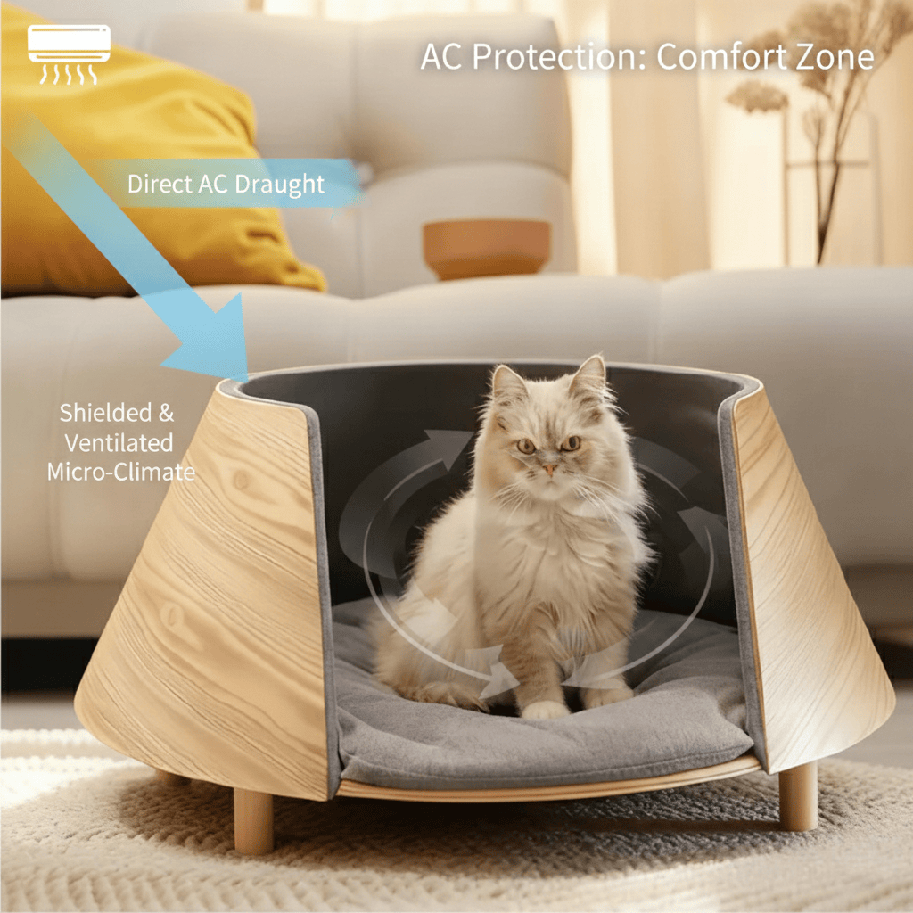 A long-haired cat inside a semi-enclosed wooden cat bed, with an illustration showing the bed shielding the pet from direct air conditioning draughts while maintaining a ventilated micro-climate.