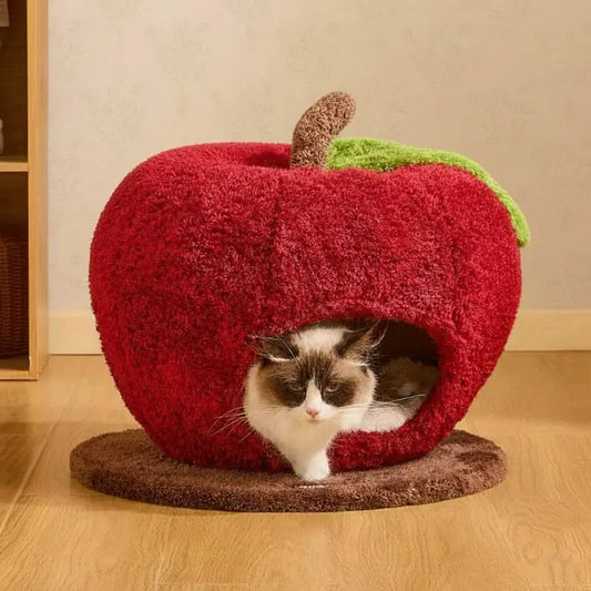 KtKitty red apple shaped cat cave bed with soft plush fabric and green leaf detail for indoor cats