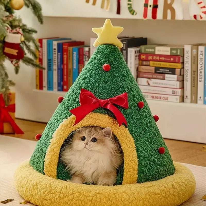 KtKitty Christmas tree cat cave bed made of soft teddy velvet for winter warmth