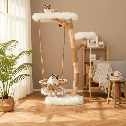 Cloud Series Solid Wood Cat Tower with hammock and perches in a realistic