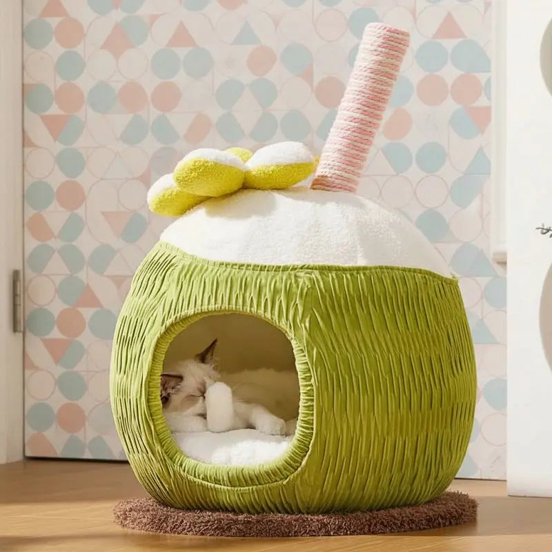 KtKitty coconut shaped cat cave bed with soft plush fabric for small and medium cats