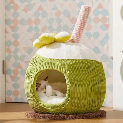 KtKitty coconut shaped cat cave bed with soft plush fabric for small and medium cats