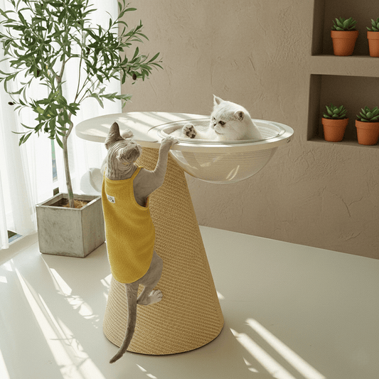 Conical Space Capsule Cat Tower standing in a contemporary living room, where the natural wood finish and transparent dome blend with the warm, muted tones of the space.