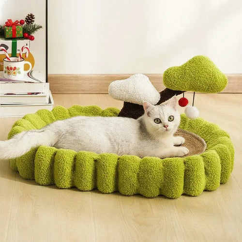 KtKitty cozy cat scratching bed with soft plush lounge area and durable sisal scratch surface