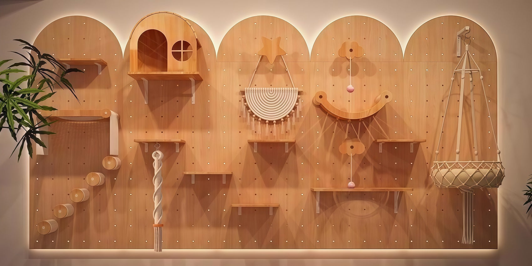 KtKitty DIY solid wood cat wall furniture system with wall-mounted cat house, shelves, hammock, and scratching rope.