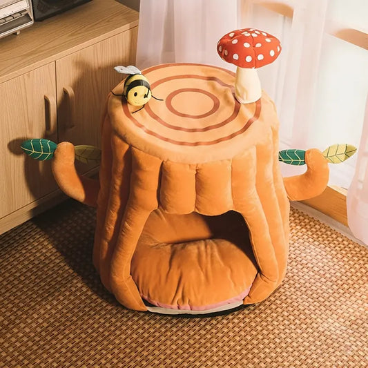 KtKitty tree stump shaped cat cave bed with soft polyester cotton filling for cozy sleeping