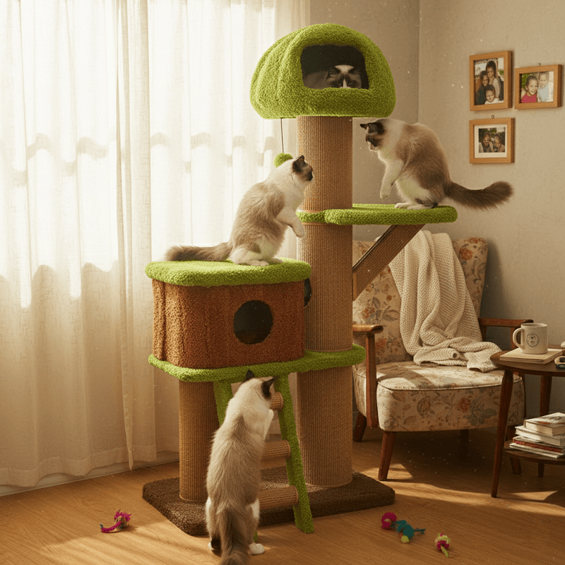 Forest Mushroom Cat Tree with condo and scratching posts in a realistic living room.