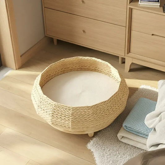 KtKitty handwoven rattan wood cat bed with elevated solid wood base and removable plush cushion
