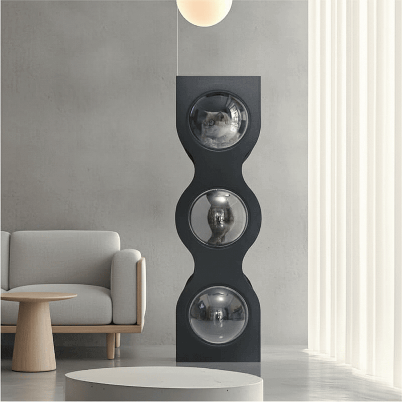 Hourglass Cat Tree for indoor cats featuring multi-level sisal scratching and an acrylic condo in a realistic living room.