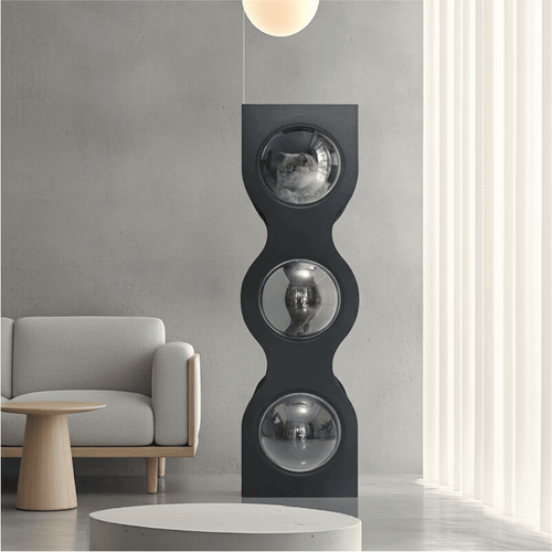 Hourglass Cat Tree for indoor cats featuring multi-level sisal scratching and an acrylic condo in a realistic living room.