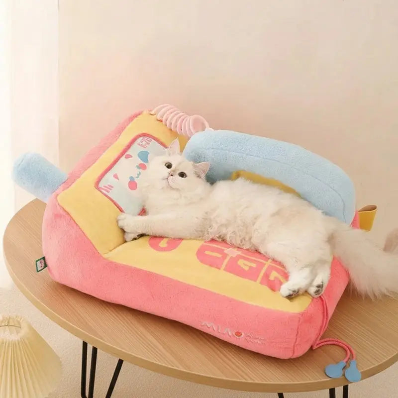 KtKitty Kawaii phone shaped cat sofa bed with pink plush fabric and retro design for cozy lounging