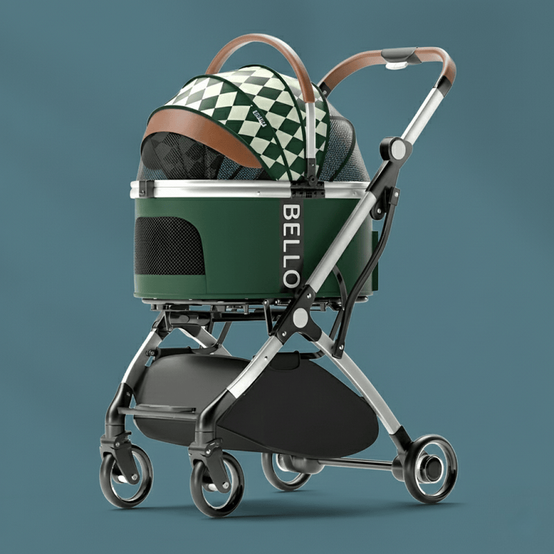 Luxury Detachable Cat Stroller featuring a sleek frame and breathable fabric in a realistic, premium outdoor setting. The sophisticated color tones of the stroller harmonize with the natural pavement and soft, authentic daylight with subtle shadows, capturing a high-quality camera mode aesthetic.