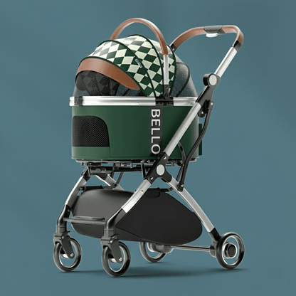 Luxury Detachable Cat Stroller featuring a sleek frame and breathable fabric in a realistic, premium outdoor setting. The sophisticated color tones of the stroller harmonize with the natural pavement and soft, authentic daylight with subtle shadows, capturing a high-quality camera mode aesthetic.