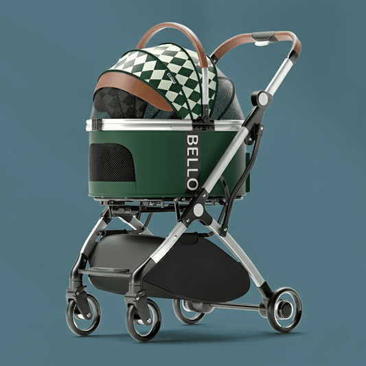 Luxury Detachable Cat Stroller featuring a sleek frame and breathable fabric in a realistic, premium outdoor setting. The sophisticated color tones of the stroller harmonize with the natural pavement and soft, authentic daylight with subtle shadows, capturing a high-quality camera mode aesthetic.