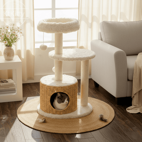 Luxury Rattan Cat Tree with hand-woven baskets and natural wood pillars placed in a warm, cream-toned living room corner. The golden rattan textures harmonize perfectly with the soft ambient lighting and neutral home decor.