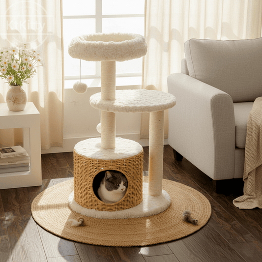 Luxury Rattan Cat Tree with hand-woven baskets and natural wood pillars placed in a warm, cream-toned living room corner. The golden rattan textures harmonize perfectly with the soft ambient lighting and neutral home decor.