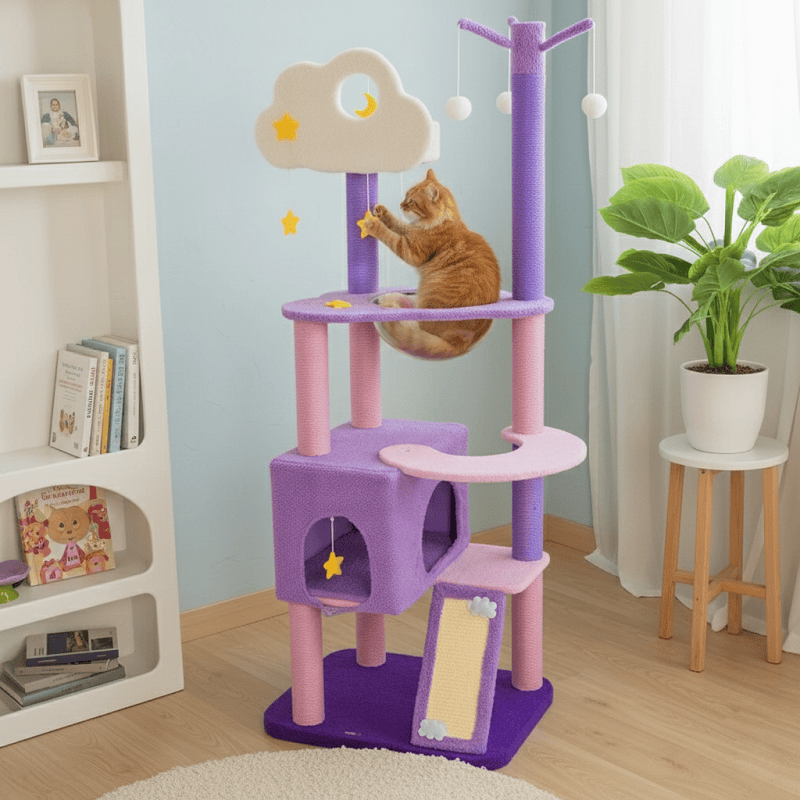 Moonlight Cat Tree with a crescent moon perch and cloud-shaped platforms standing in a serene, modern living room. The soft cool-toned lighting complements the natural wood grain and plush white fabric, featuring authentic textures and realistic shadows without artificial filters.