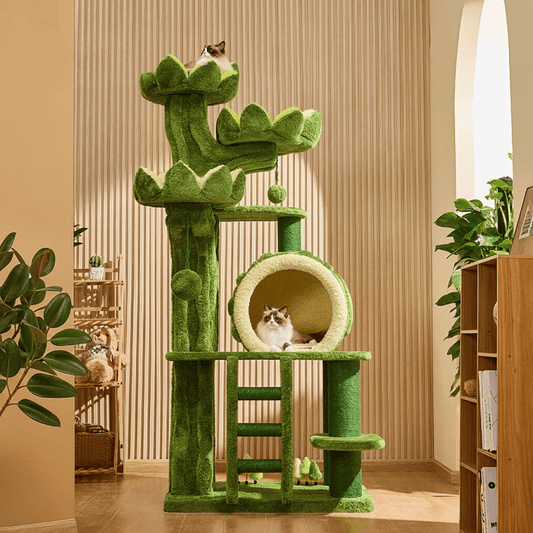 Multi-Functional Giant Cat Tree Tower for large cats standing in a realistic, sunlit living room. The natural wood grain and cream-colored scratching posts harmonize with the warm interior tones and authentic shadows of the modern home.