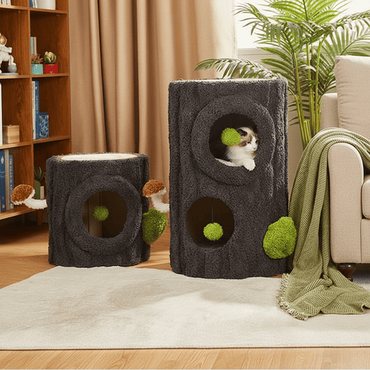 Multi-Functional Shared Living Stump used as a designer side table and cat tree in a cozy home setting. The earthy wood textures and natural sisal harmonize with the warm ambient light and realistic interior shadows.