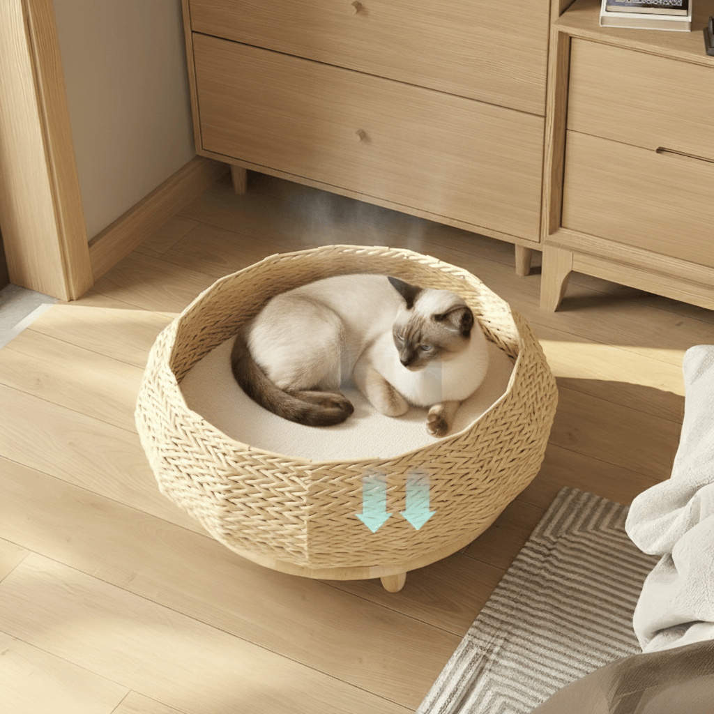 A Siamese cat resting in a handwoven rattan summer cat bed on a wooden floor, with arrows illustrating natural heat dissipation and cooling airflow.